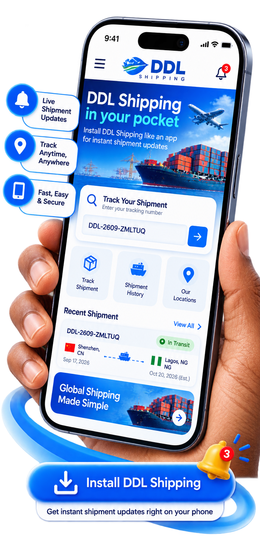 DDL Shipping dashboard screen on a smartphone