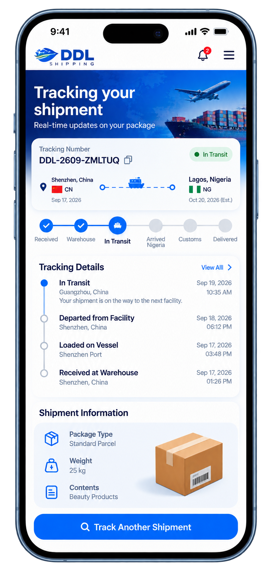 DDL Shipping tracking screen on a smartphone
